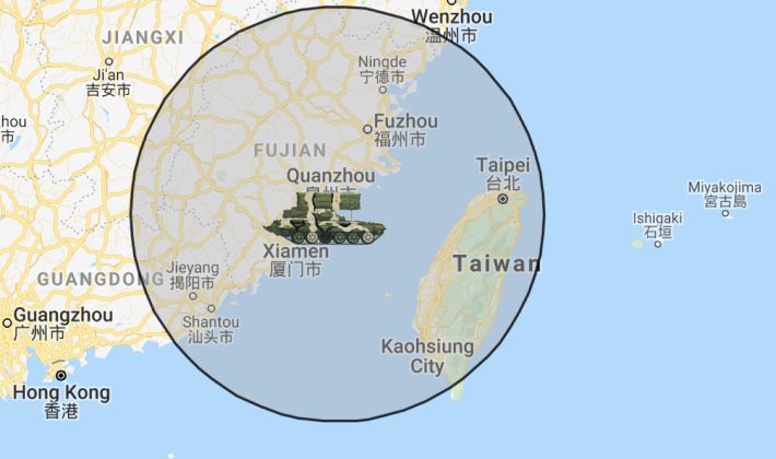 Engagement Range of Chinese PCL191 Rocket Artillery Batteries Over Taiwan Strait