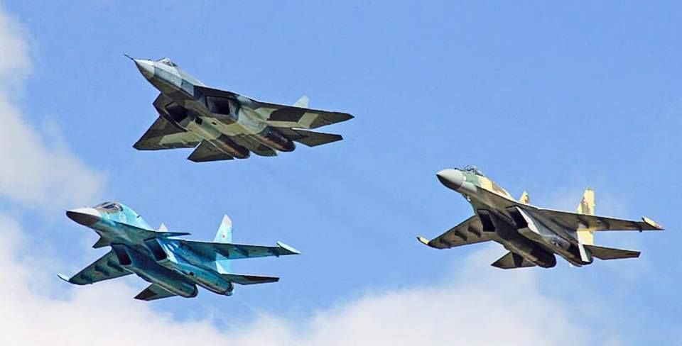 Su-57 (front), Su-34 and Su-35 Fighters in Formation 