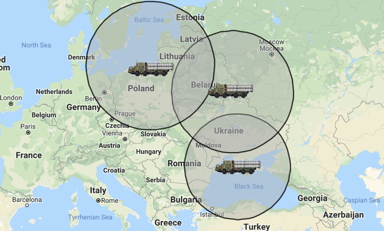 Expected Coverage of Russian S-500 Missile Systems From Kaliningrad, Central Province and Crimea