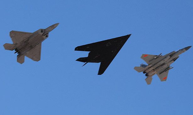 (left to right) F-22 Raptor, F-117 Nighthawk and F-15 Eagle