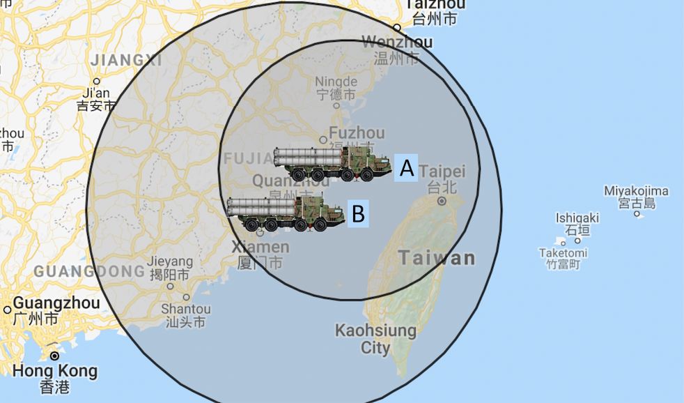 Engagement Range of Chinese S-400 Batteries Over Taiwan (A - 48N6DM) (B - 40N6E)