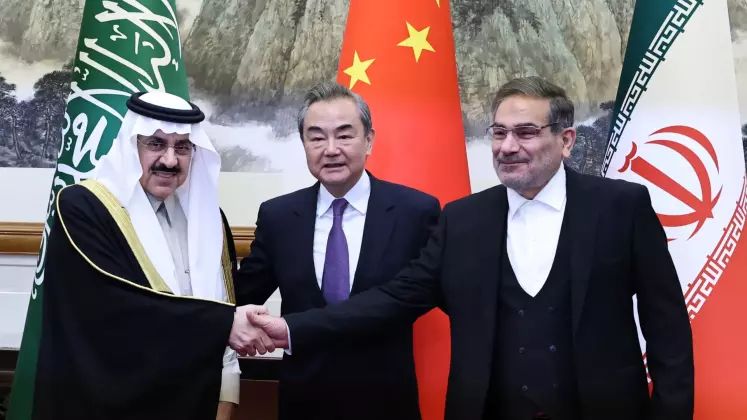 Chinese FM Wang Yi, Secretary of Iran`s Supreme National Security Council Ali Shamkhani, and Minister of State of Saudi Arabia Musaad Bin Mohammed Al Aiban