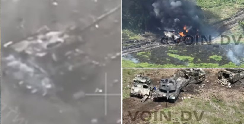 Destroyed Challenger 2 (left) and Destroyed Leopard 2s and Bradleys 