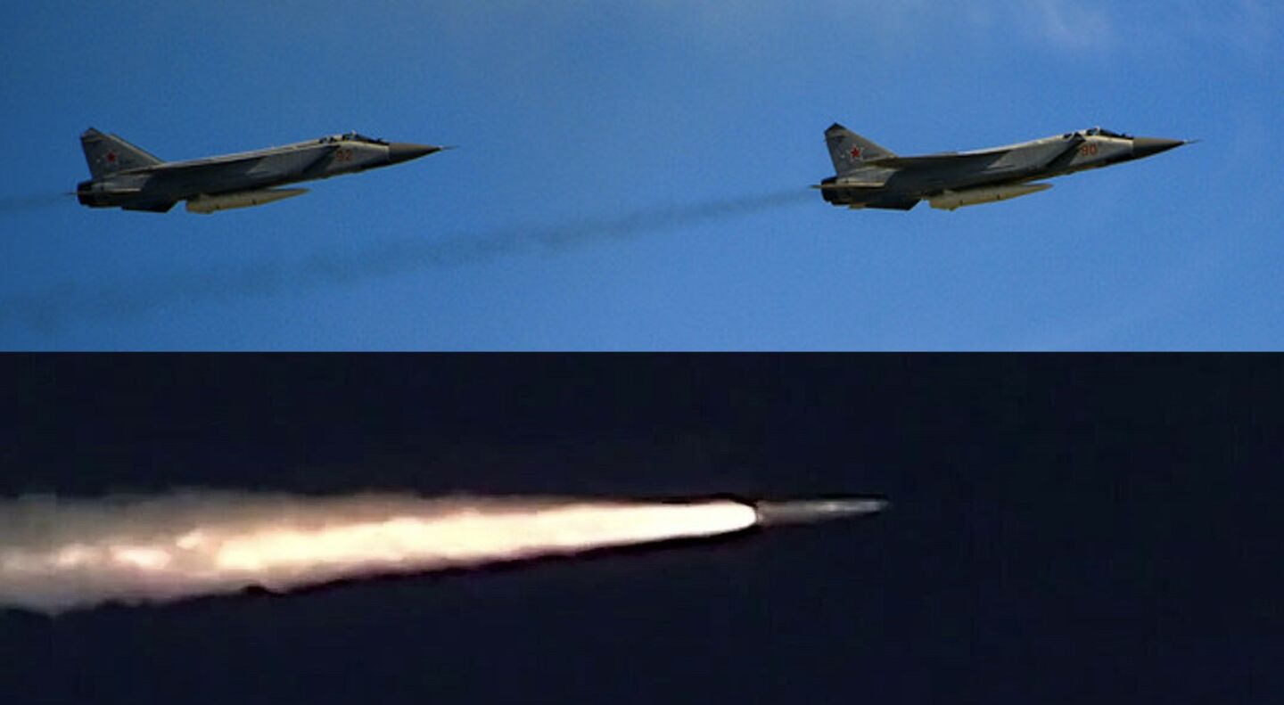 MiG-31K/I Fighters and Kinzhal Ballistic Missile Launch