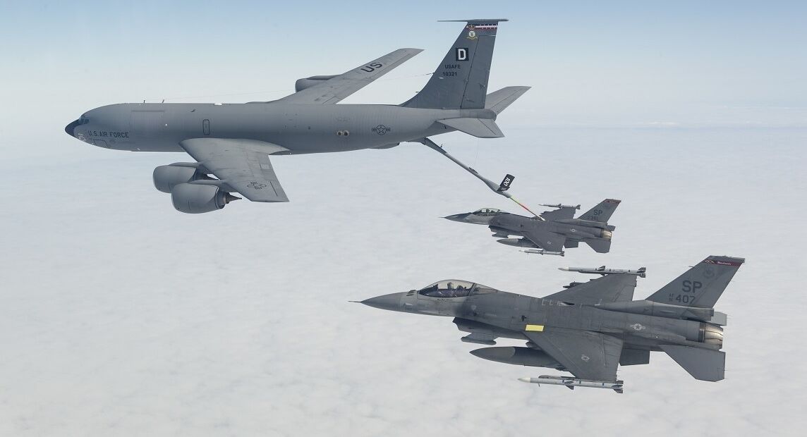 U.S. Air Force KC-135 Refuels F-16 Short Range Fighters