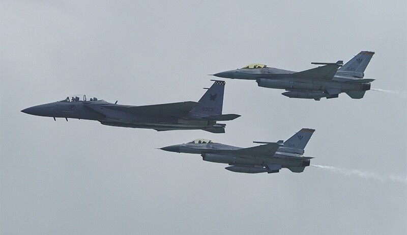 F-15 Leads Two F-16s in Formation