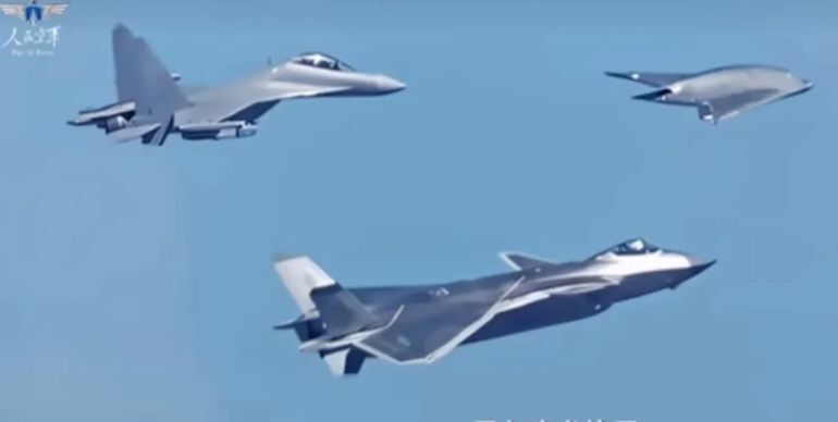 Chinese PLA Air Force GJ-11 Leads J-20 and J-16D in Formation