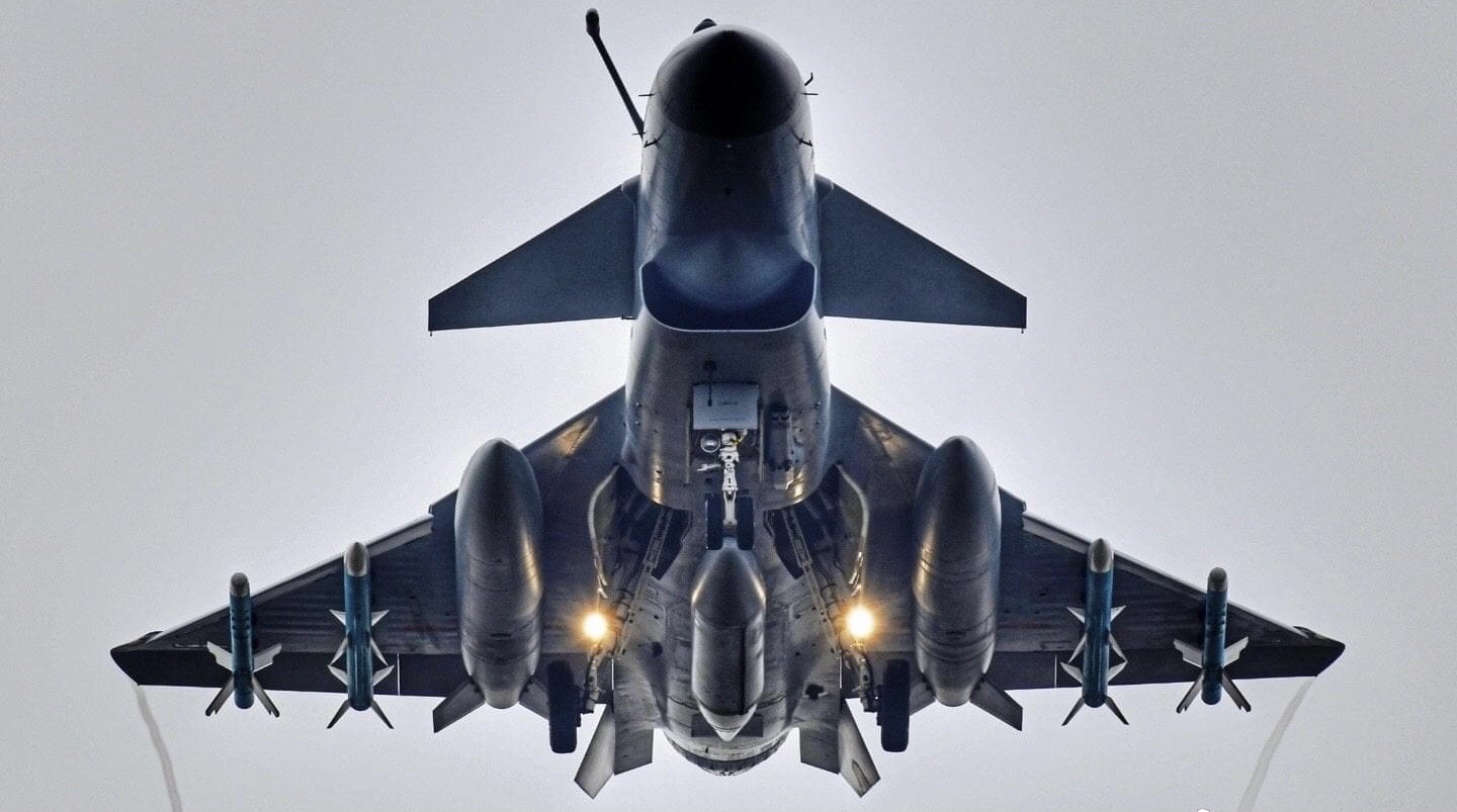 J-10C Fighter with Three External Fuel Tanks and PL-15 and PL-10 Air-to-Air Missiles