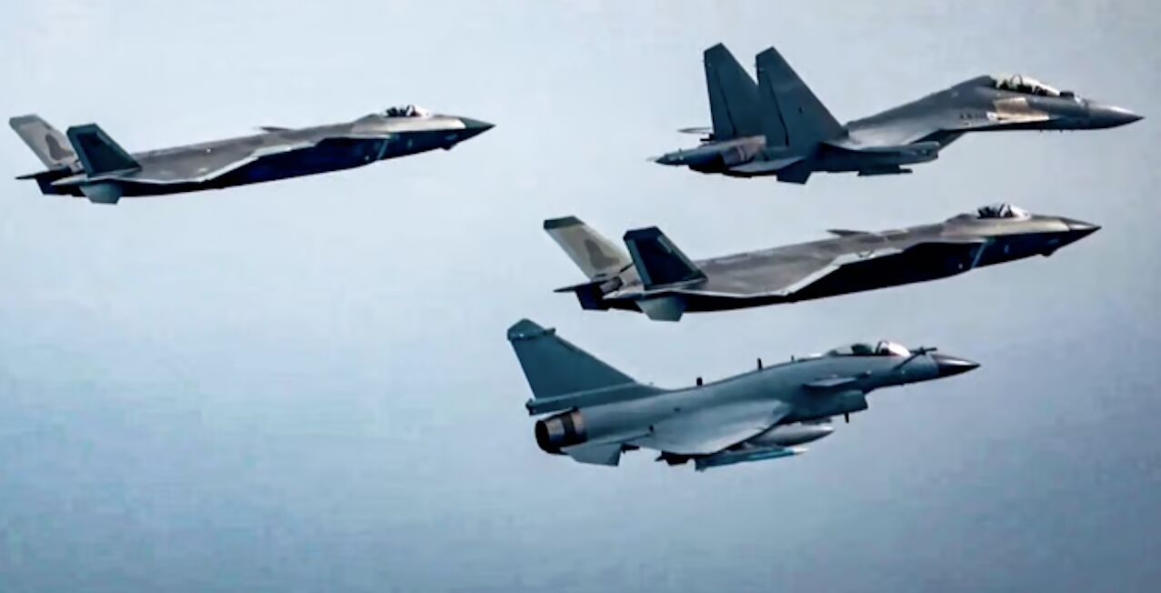 Chinese PLA Air Force J-16D Leads Two J-20s in Formation Followed by J-10C