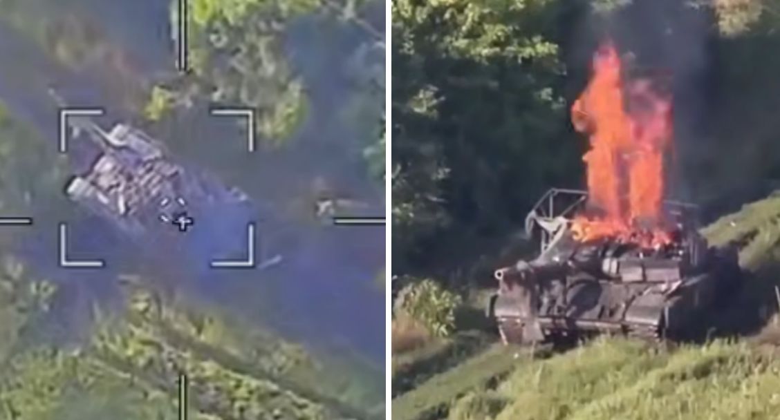 Russian Lancet Drone Strike on Ukrainian T-72 Tank
